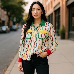 Vintage ANNE CRIMMINS For UMI COLLECTIONS Silk Shirt Top 8 Multicolor Ribbons